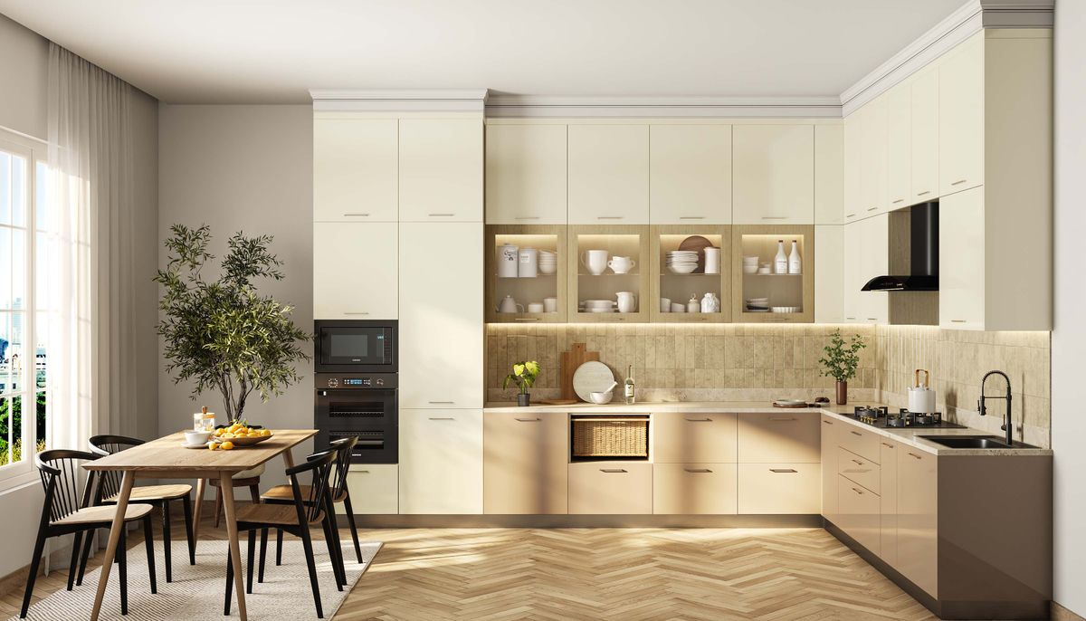 Cappuccino And Champagne Contemporary L-Shaped Kitchen Design With ... for