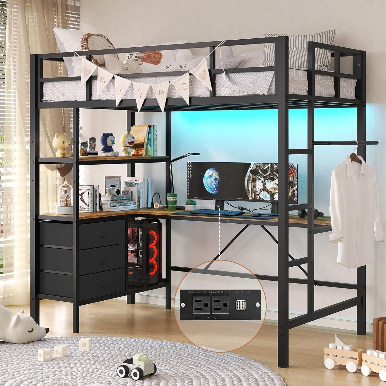 Dictac Twin Metal Loft Bed With L-Shaped Desk within
