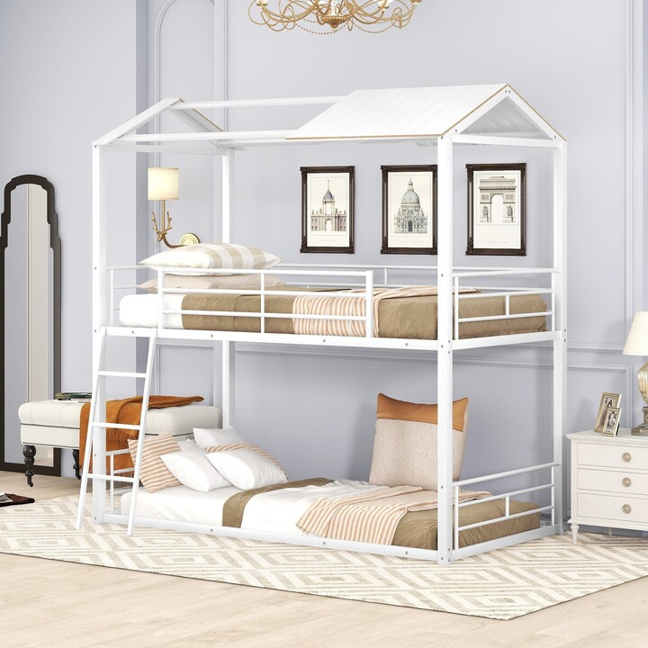 Gerojo White Twin Over Twin Bunk Bed With Half Roof, Guardrail And ... with regard to Creating a Safe Sleep Haven with the Lexicon Jovie Bunk Bed