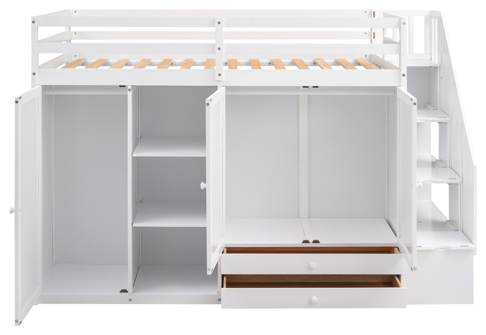 Gewnee Functional Loft Bed With 3 Shelves, 2 Wardrobes And 2 Drawers In ... regarding