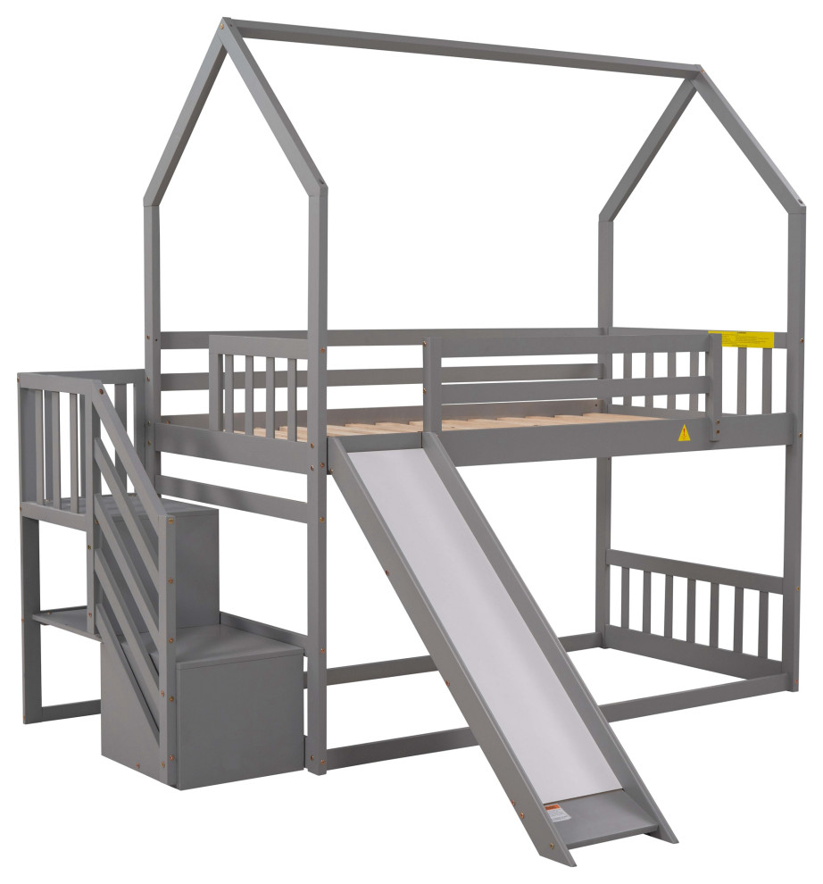 Gewnee Twin Over Twin House Bunk Bed With Convertible Slide In Gray ... for Transforming Bedrooms How the Gewnee Bunk Bed Enhances Functionality