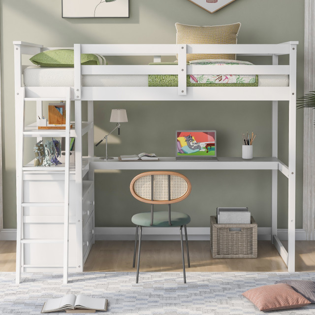 Gewnee Twin Size Loft Bed With Desk And Shelves In White - Transitional ... for Ergonomics and Efficiency Unpacking the Design of the Gewnee Queen Loft for Modern Living