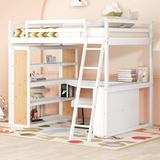 Gewnee Wood Full Size Loft Bed With Ladder And Desk In White ... regarding Ergonomics and Efficiency Unpacking the Design of the Gewnee Queen Loft for Modern Living