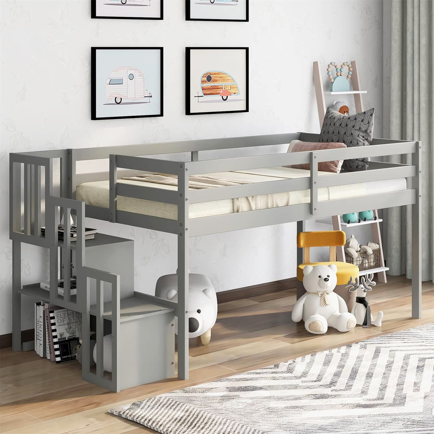 Gewnee Wood Twin Low Loft Bed With Storage Staircase And Safety ... with Ensuring Gewnee bunk bed safety and strength