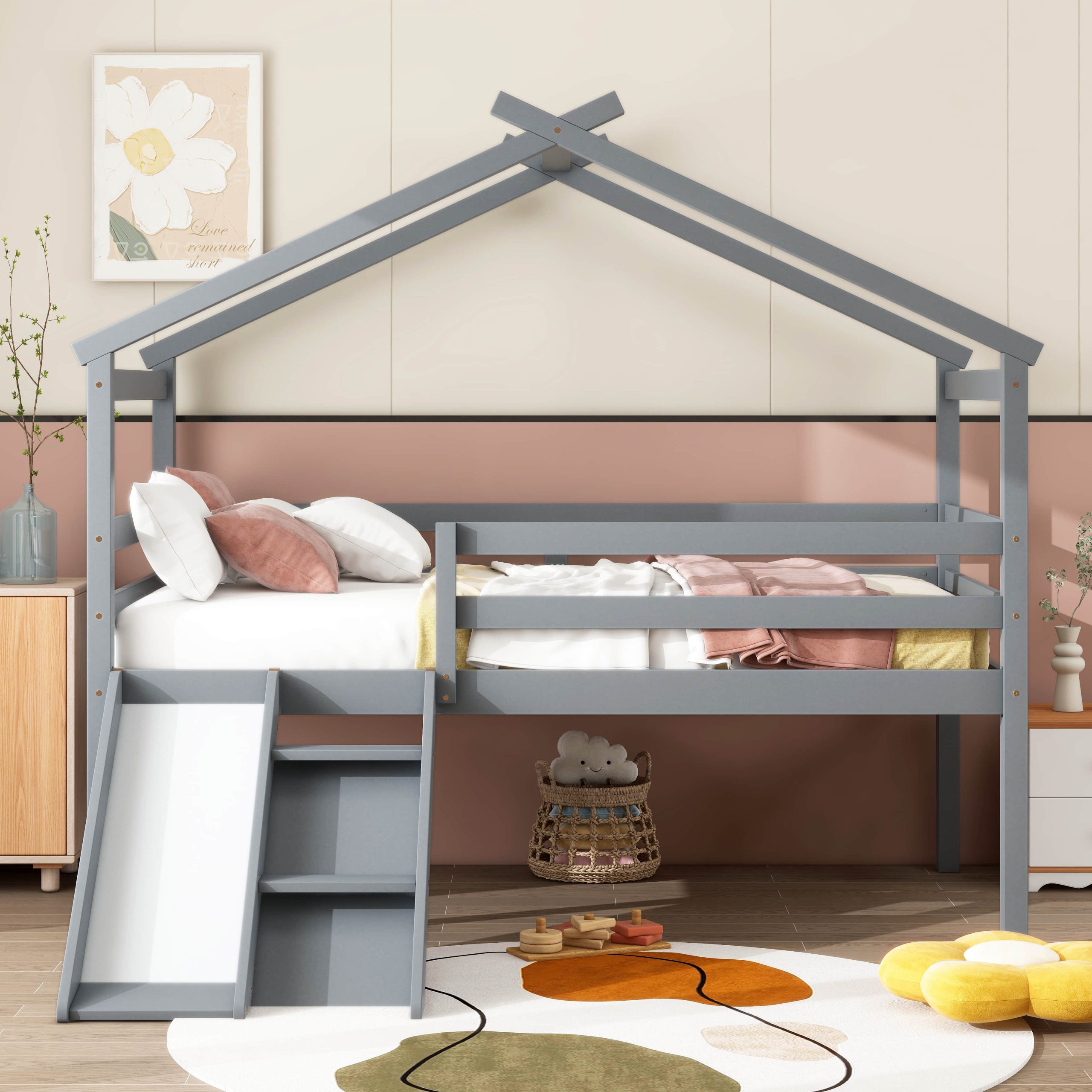 Harper Orchard Twin Low Loft House Bed With Slide, Ladder, Safety ... regarding Designing Dream Sleep Spaces with the Gewnee Low Loft House Bed