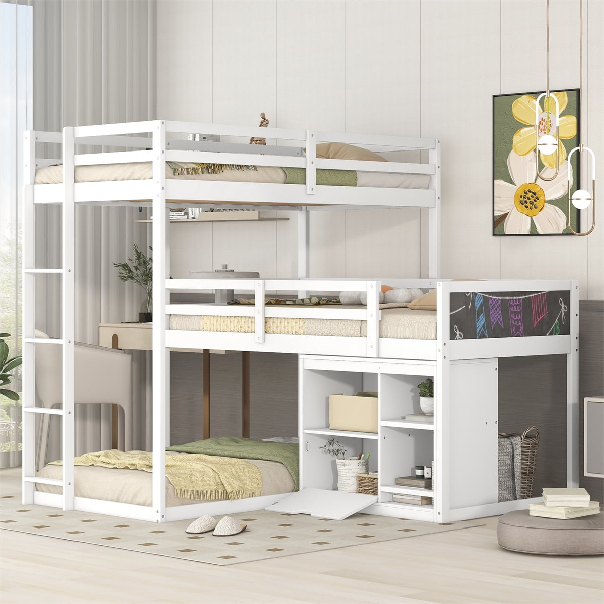 L-Shaped Triple Bunk Bed,Twin Over Twin Bunk Bed Attached Twin Loft Bed ... with Space-Saving Innovations Silver Metal Triple Twin Bunk Beds with Built-In Desks for Modern Living