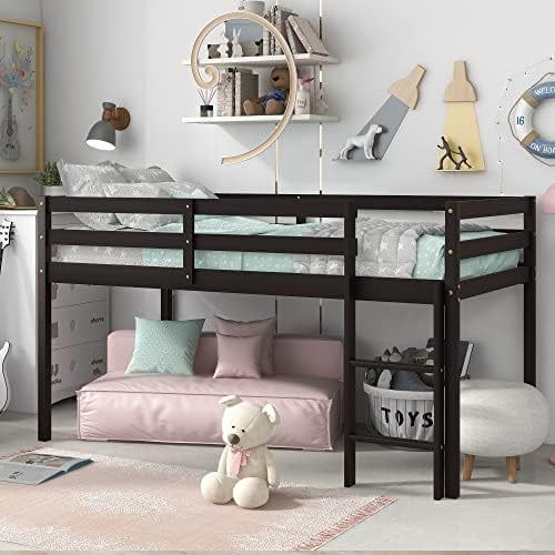 Loft Bed Frame With Ladder,Solid Wood Low Loft Twin Bed,Twin Size Bed ... inside