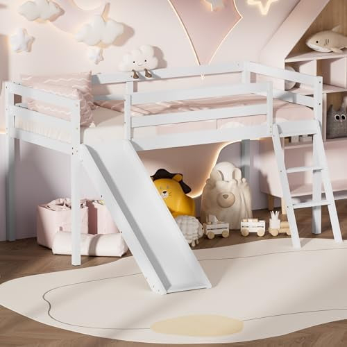 Low Loft Bed With Slide, Wood Twin Loft Bed Frame With Climbing Ladder ... regarding Transforming Kids' Rooms The Versatility of Twin Low Lofts with Climbing Walls