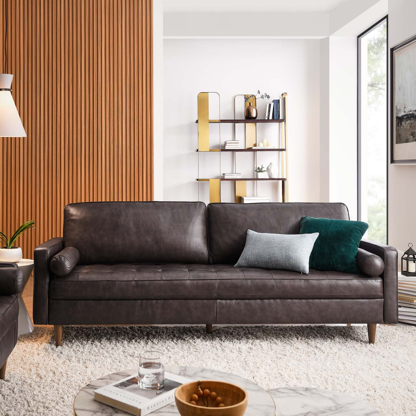 "Modway Valour 88"" Top Grain Leather Mid-Century Modern Sofa In Brown ... for