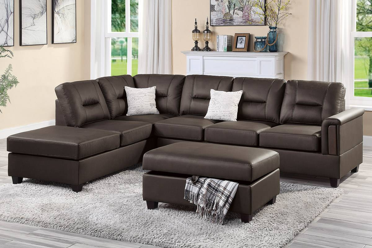 Poundex F8858 3 Pc Collette Espresso Faux Leather Sectional Sofa With ... in Understanding the Enduring Appeal of Espresso Faux Leather Sectionals