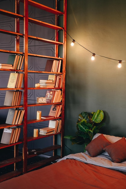 Premium Photo | Vertical Photo Of A Bed With A Brown Plaid Loft Garland ... in
