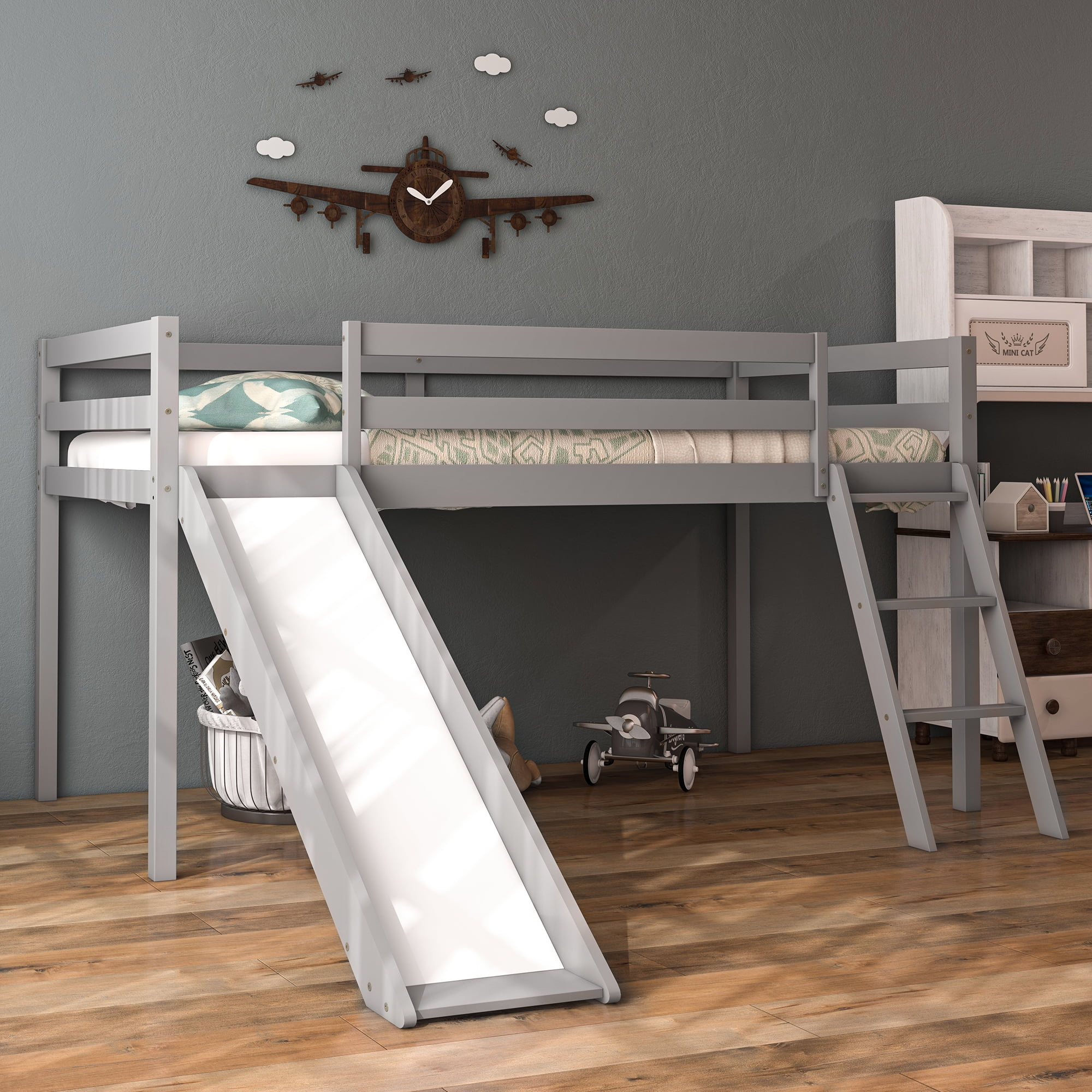 Tolead Twin Loft Bed With Slide, Climbing Ladder &Amp; Storage Space, Solid ... for