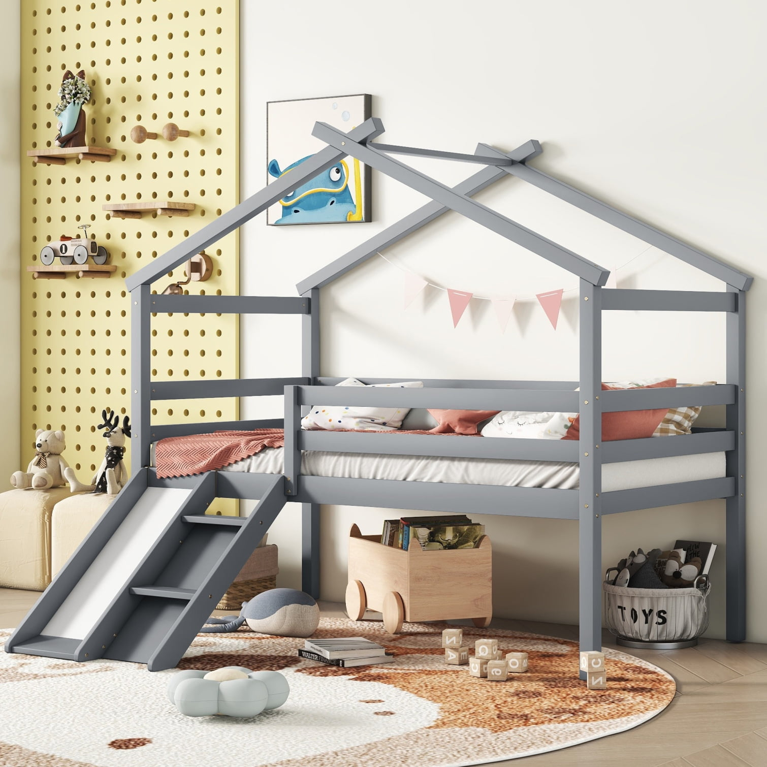 Twin Size Loft House Bed With Slide &Amp; Climbing Ladder, Wood Low House ... throughout Transforming Kids' Rooms The Versatility of Twin Low Lofts with Climbing Walls