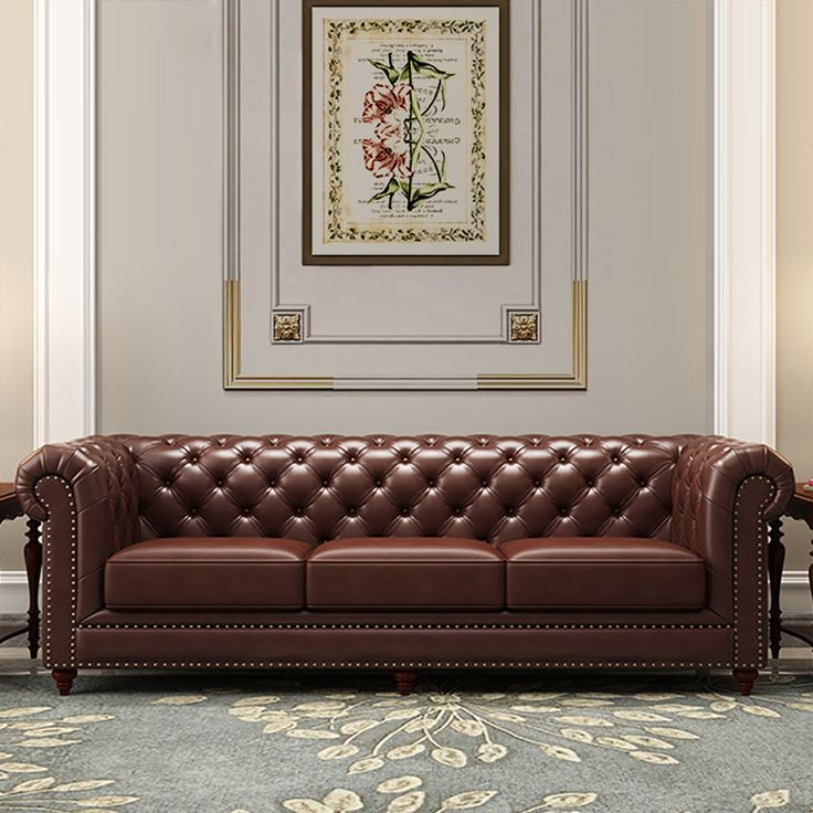 84.6" Classic Leather Sofa 3-Seater Sofa Solid Wood Frame &Amp; Legs ... for