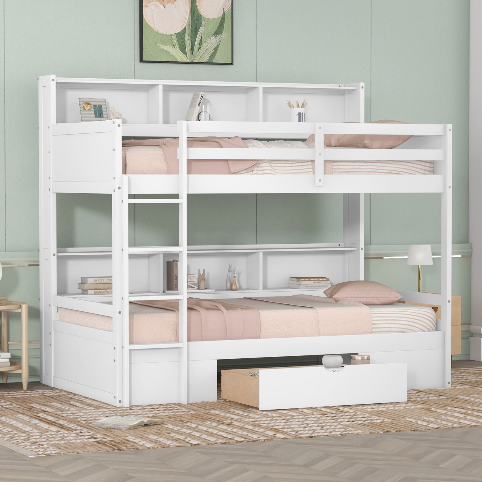 Bunk Bed Twin Over Twin With Storage, Bunk Beds Frame With 2-Tier Racks ... in