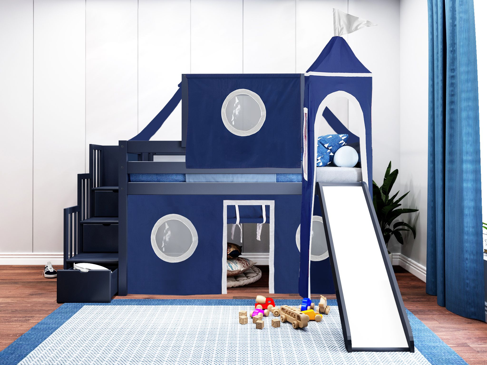 Castle Twin Loft Bed Blue Stairs Slide Blue White Tent | Low Loft Beds ... inside