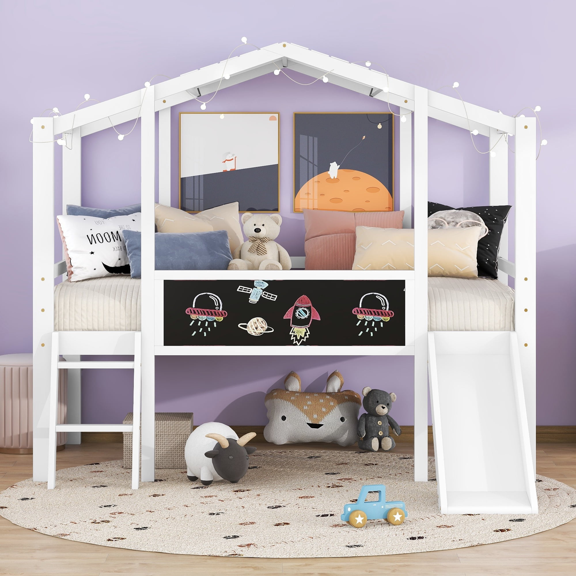 Free Shipping! Gewnee Wood Twin Loft Bed With Slide, Blackboard, Light ... in Understanding the Benefits of a Compact Living Solution Like the Gewnee Loft Bed