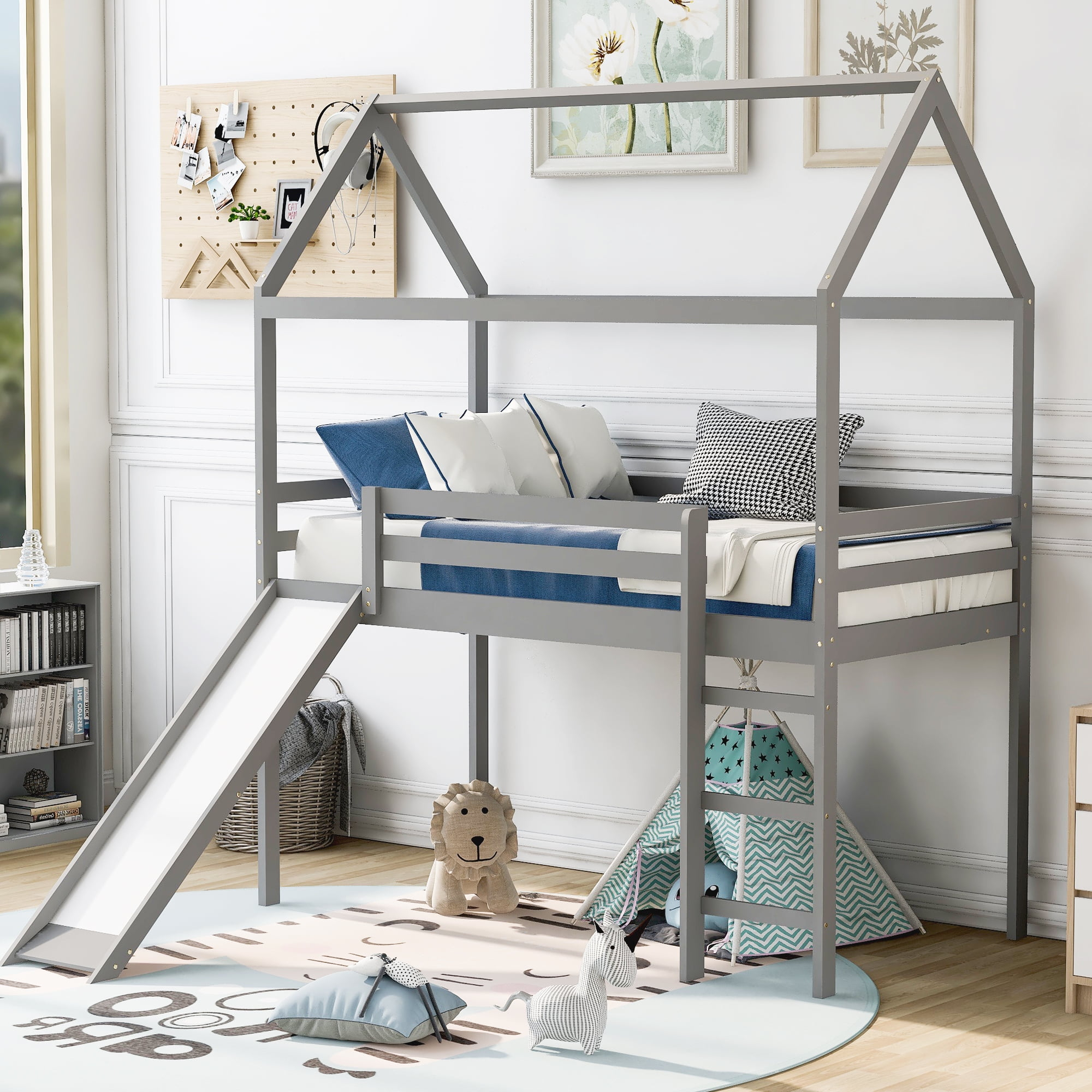 Free Shipping! Gewnee Wood Twin Size Loft Bed,Kids House Bed With Slide ... intended for