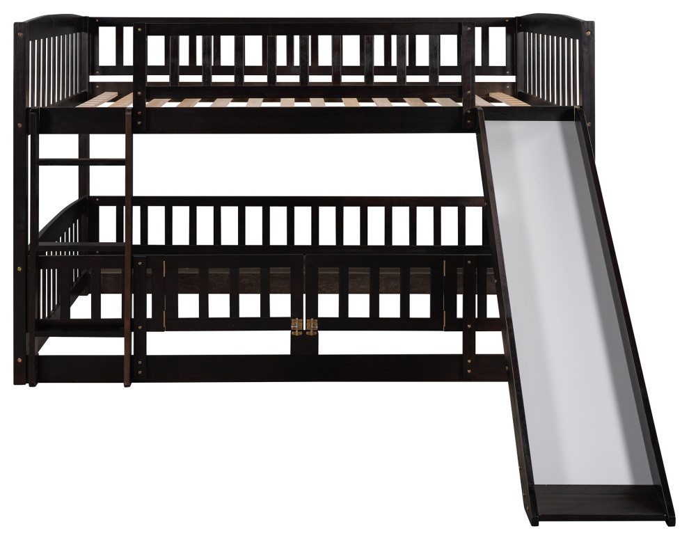 Gewnee Full Over Full Low Bunk Bed With Fence And Ladder In Espresso ... inside