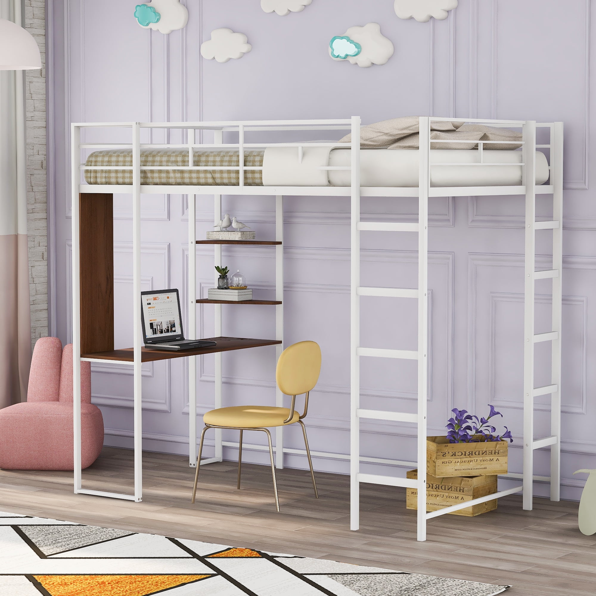 Gewnee Metal Twin Size Loft Bed With Desk, Two Shelves And Built-In 2 ... for Understanding the Benefits of a Compact Living Solution Like the Gewnee Loft Bed