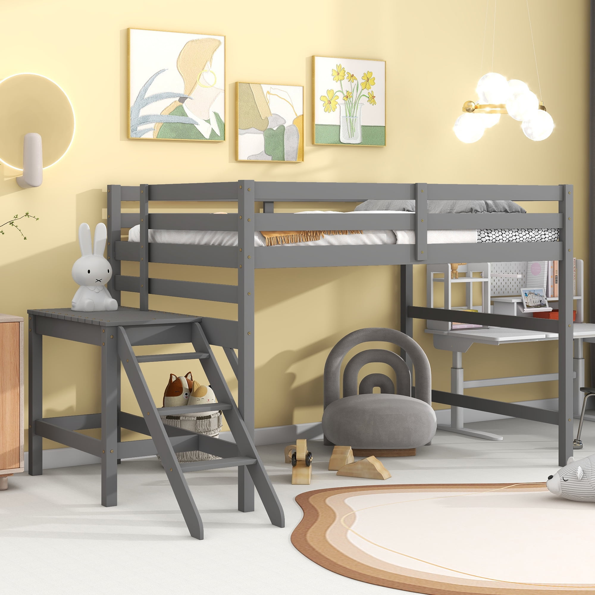 Gewnee Pine Wood Full Size Loft Bed With Platform, Ladder And Safety ... intended for