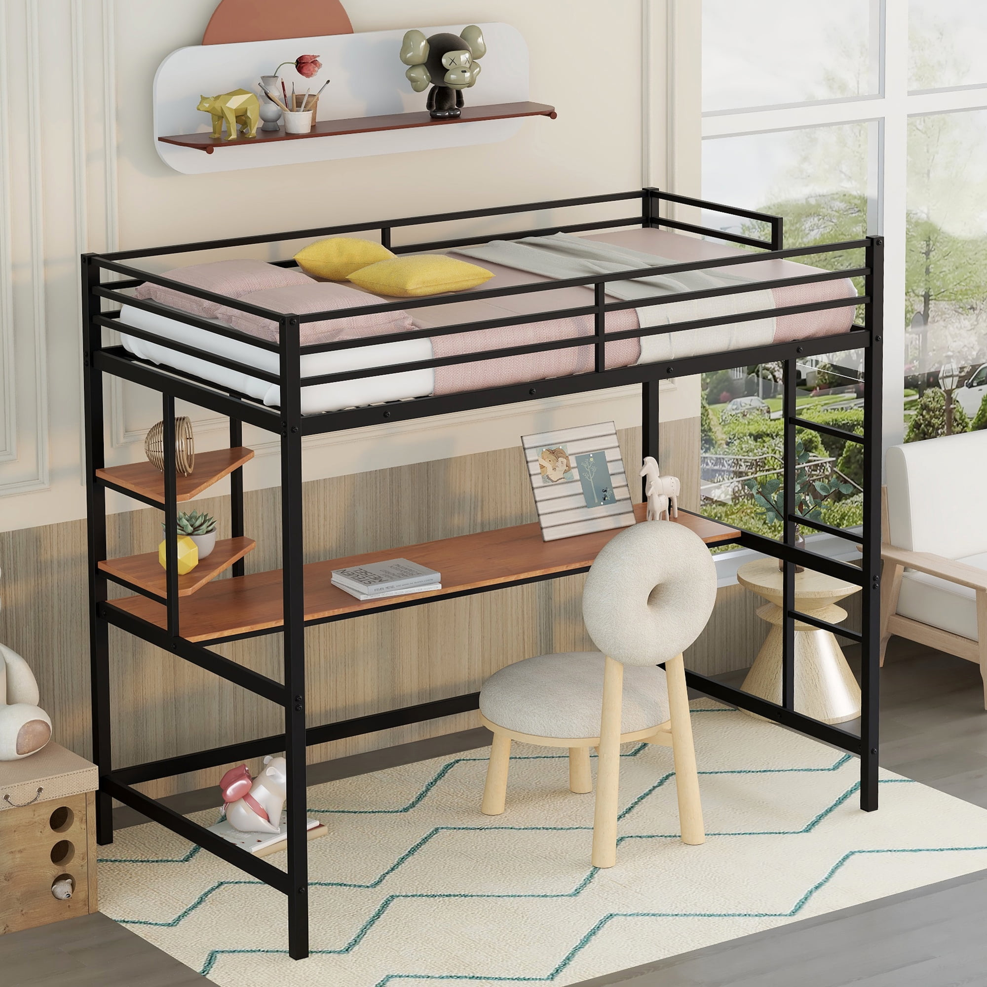 Gewnee Twin Metal Loft Bed Frame With Desk, Shelves, Ladder, Guardrail ... inside Beyond the Basics Understanding the Versatility of the Gewnee Loft Bed Desk