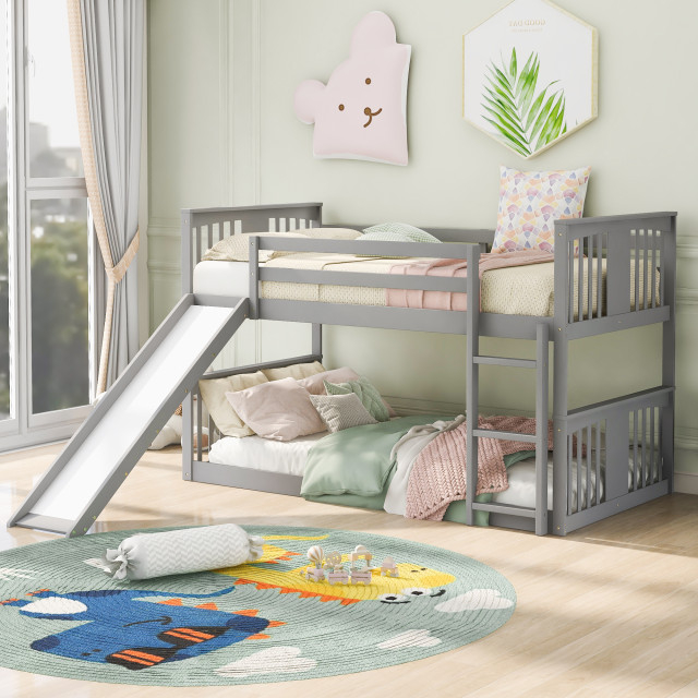 Gewnee Twin Over Twin Bunk Bed With Slide And Ladder In Gray ... with
