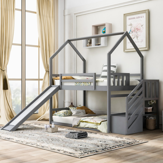Gewnee Twin Over Twin House Bunk Bed With Convertible Slide In Gray ... for
