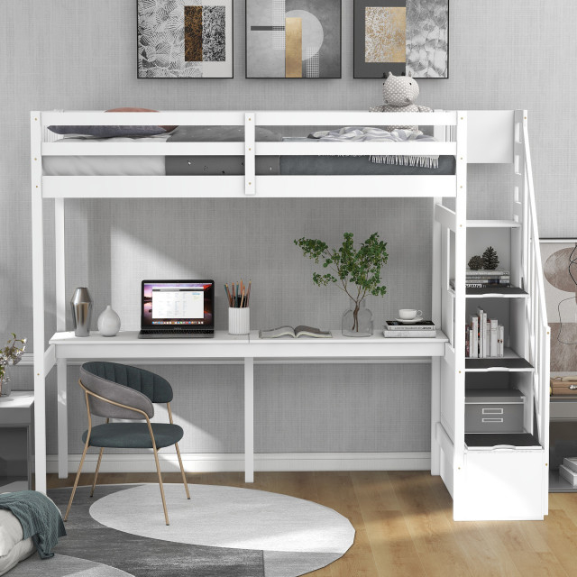 Gewnee Twin Size Loft Bed With Storage Staircase And Built-In Desk In ... in