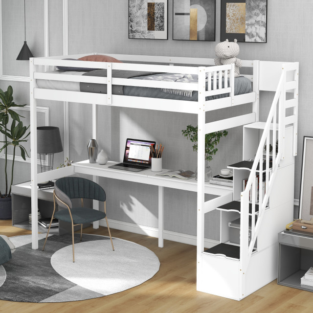 Gewnee Twin Size Loft Bed With Storage Staircase And Built-In Desk In ... pertaining to Understanding the Benefits of a Compact Living Solution Like the Gewnee Loft Bed