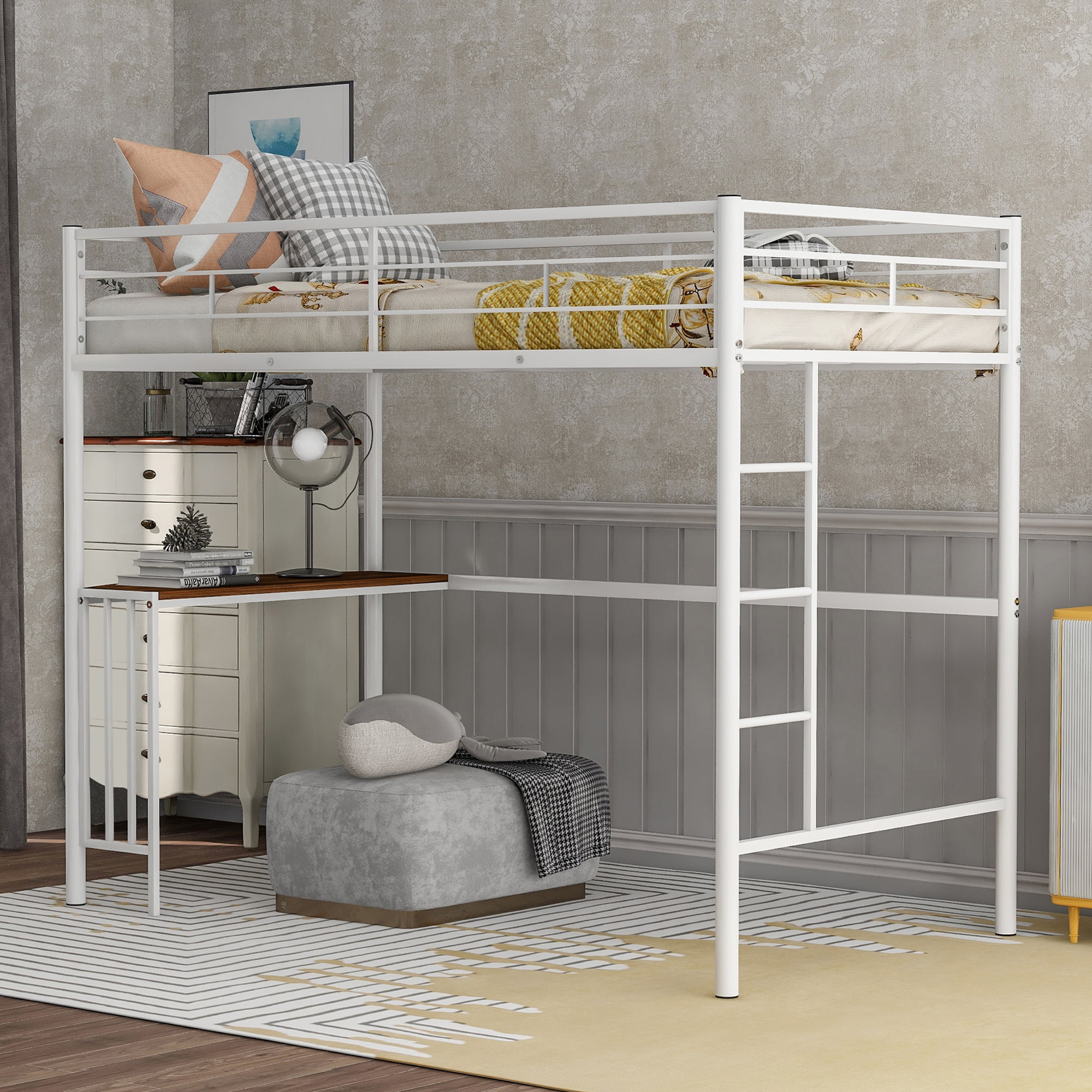 Gewnee Twin Size Metal Loft Bed Frame With Desk,Full-Length Guardrails ... with regard to