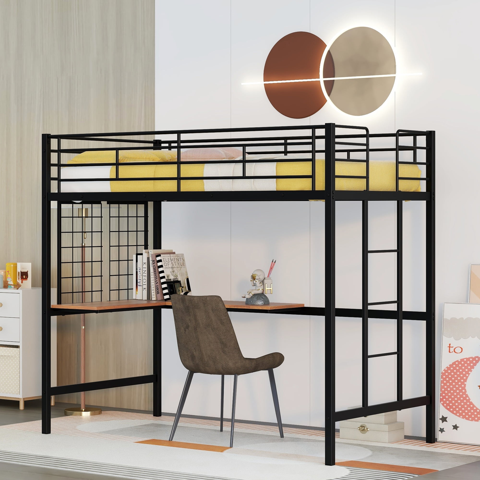 Gewnee Twin Size Metal Loft Bed With L-Shape Desk And Guardrail For ... regarding