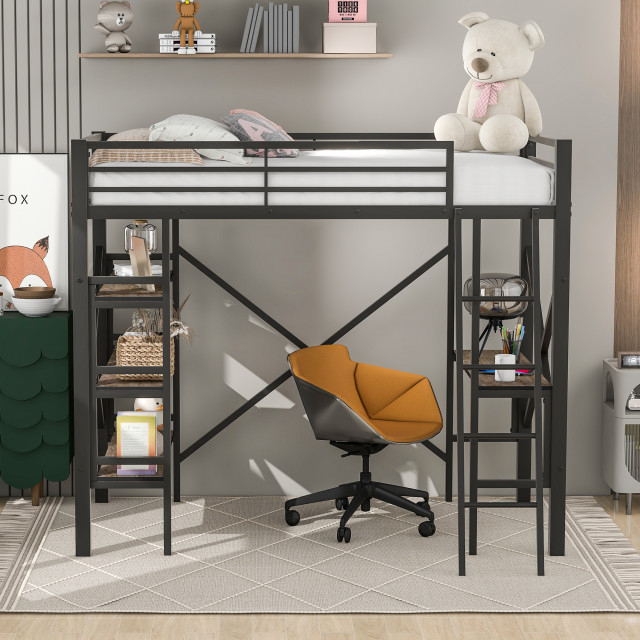 Gewnee Twin Size Metal Loft Bed With Shelves And Desk In Black ... inside Understanding the Benefits of a Compact Living Solution Like the Gewnee Loft Bed