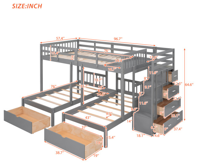 Gewnee Wood Full Over Twin &Amp; Twin Triple Bunk Bed With Drawers In Gray ... with Expert Insights on Choosing the Right Bunk Bed The Gewnee Gray Model