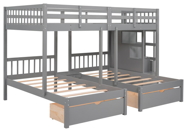 Gewnee Wood Full Over Twin &Amp; Twin Triple Bunk Bed With Drawers In Gray ... with regard to
