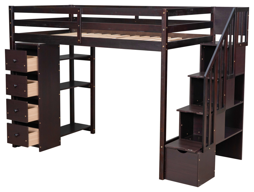 Gewnee Wood Twin Loft Bed With Storage Drawers And Stairs In Espresso ... pertaining to The Versatility of the Gewnee Loft Bed Combining Sleeping Workspace and Storage