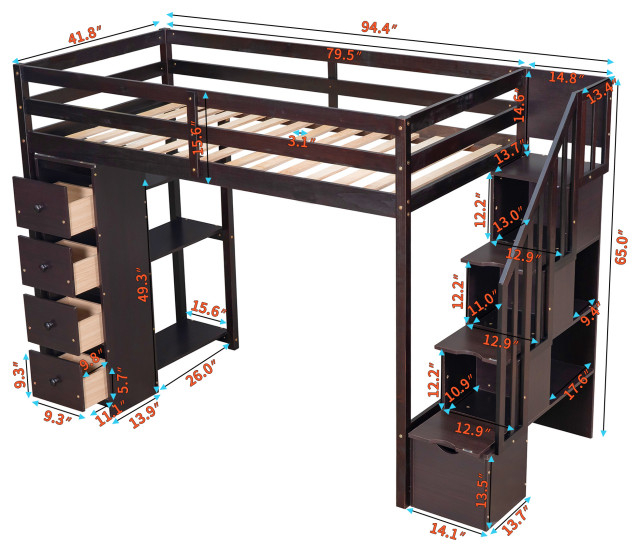 Gewnee Wood Twin Loft Bed With Storage Drawers And Stairs In Espresso ... regarding