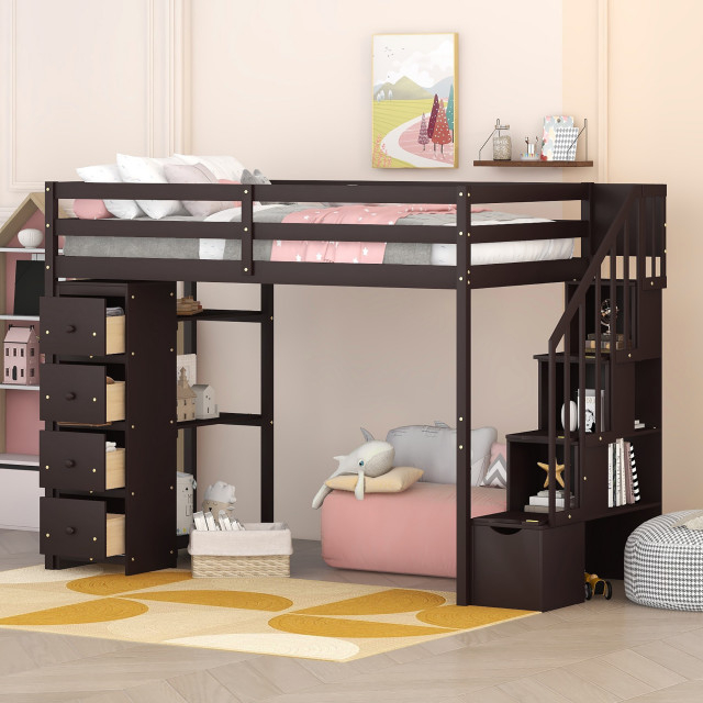 Gewnee Wood Twin Loft Bed With Storage Drawers And Stairs In Espresso ... with Gewnee Wood Loft Bed Review Insights for Parents
