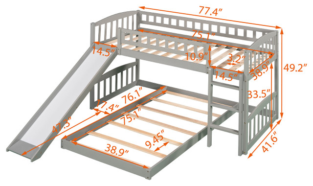 Gewnee Wood Twin Over Twin Bunk Bed With Slide And Ladder In Gray ... throughout