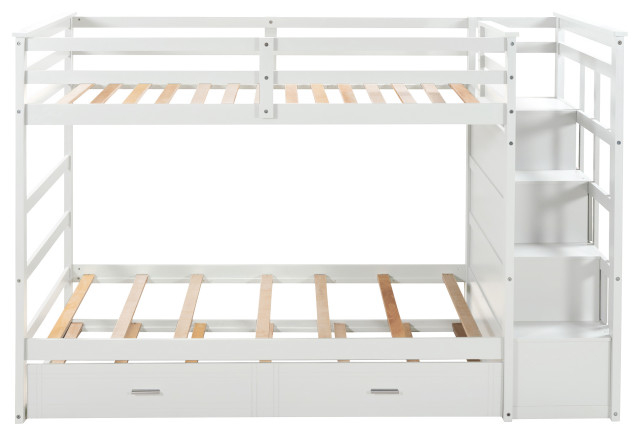 Gewnee Wood Twin Over Twin Bunk Bed With Trundle And Staircase In White ... inside