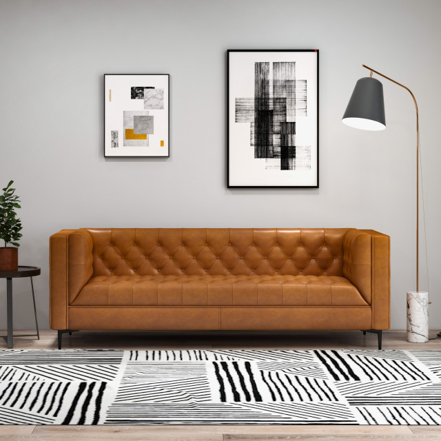 Houston Mid-Century Modern Luxury Chesterfield Genuine Leather Sofa ... in