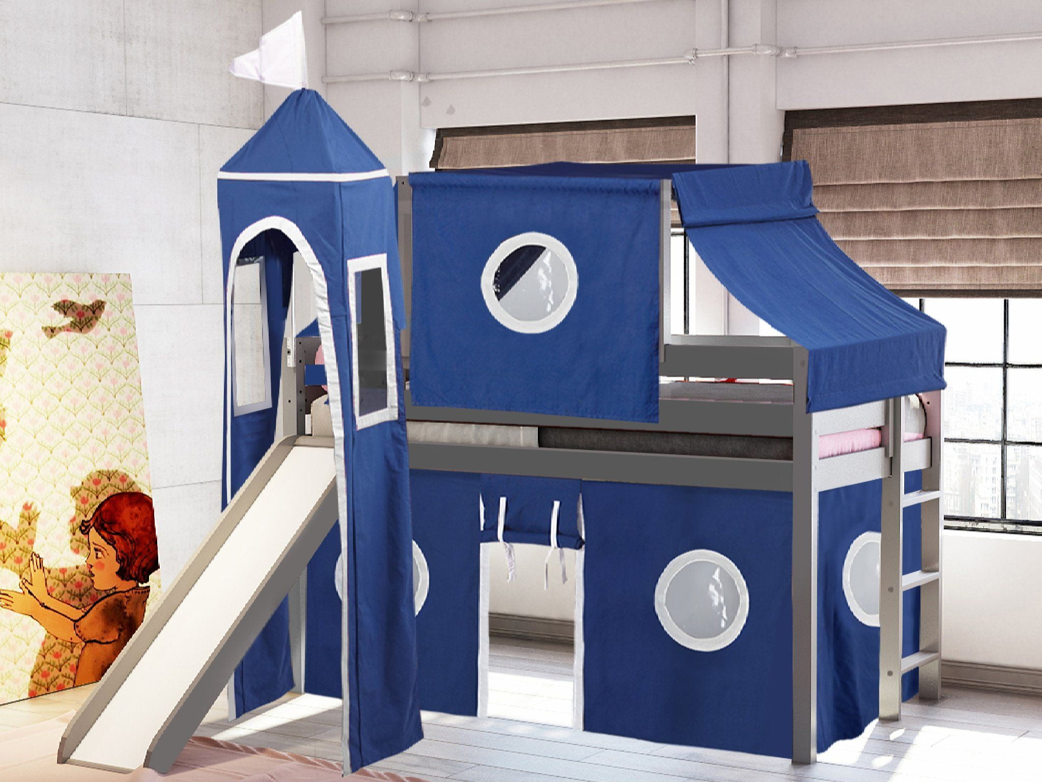 Jackpot Castle Low Loft Bed With Slide Blue &Amp; White Tent And Tower ... with regard to A Parent's Perspective on Choosing and Enjoying a Tent Bed White W/Blue Tent Kit