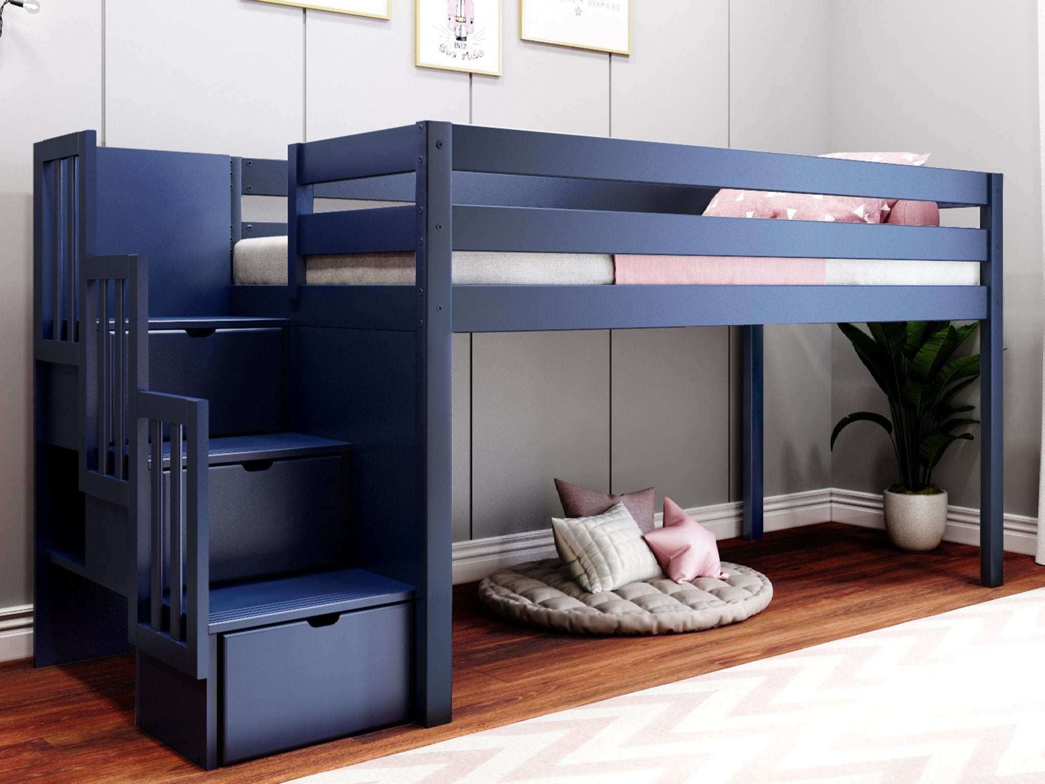 Jackpot Contemporary Low Loft Twin Bed With Stairway, Loft Bed, Blue ... pertaining to Finding Space and Style A Look at the Lara Twin Loft Bed in Navy Blue