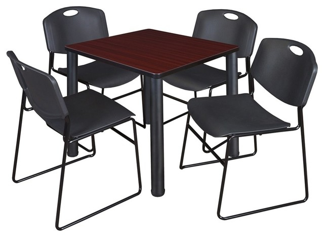 Kee 30" Square Breakroom Table, Mahogany/ Black And 4 Zeng Stack Chairs ... for