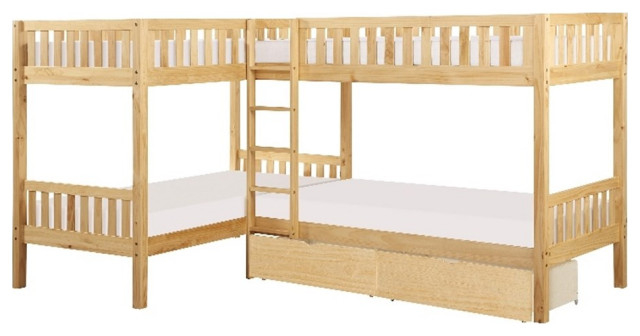 Lexicon Contemporary Wood Corner Bunk Bed With Storage Boxes In Natural ... inside