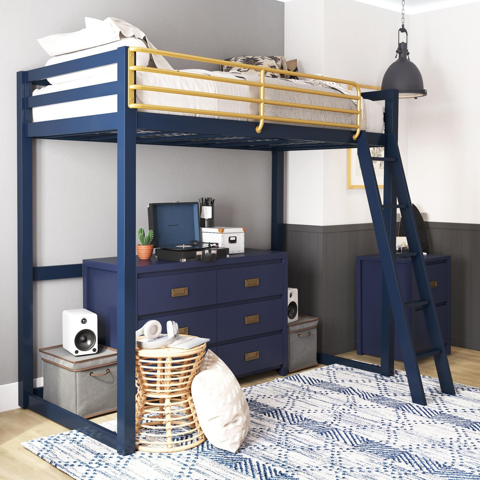 Little Seeds Monarch Hill Haven Twin Metal Loft Bed, Navy Blue &Amp; Gold ... pertaining to Finding Space and Style A Look at the Lara Twin Loft Bed in Navy Blue