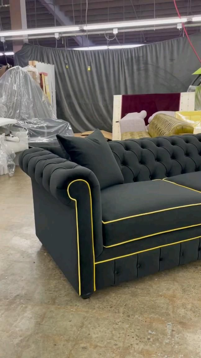 Luxury Black Sofa Set Design With Yellow Piping throughout
