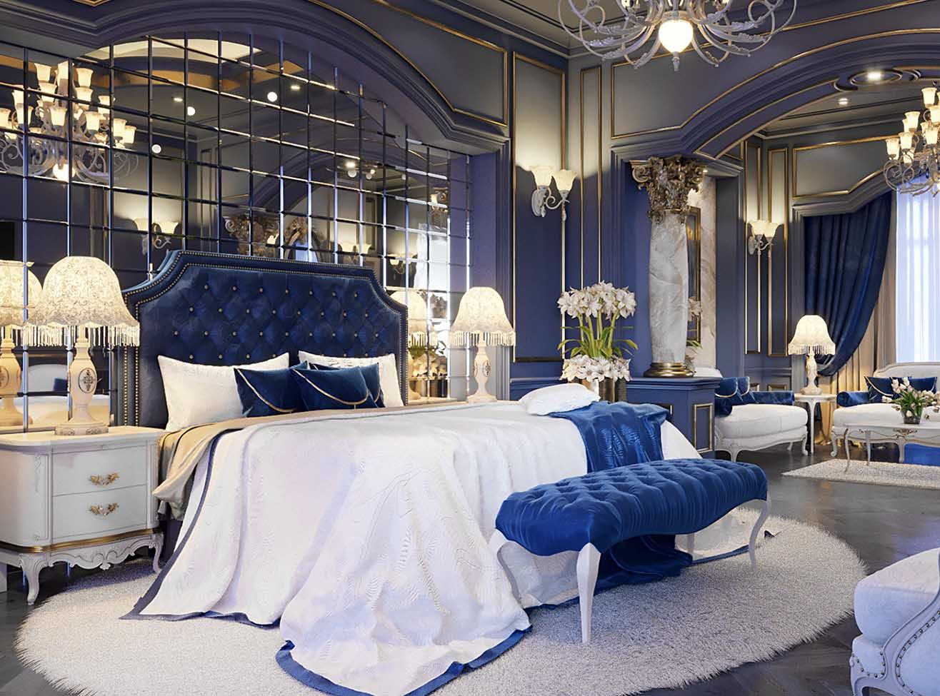 Luxury Royal Blue Bedroom Decor With Art Deco Style Blue Velvet Bed ... with regard to