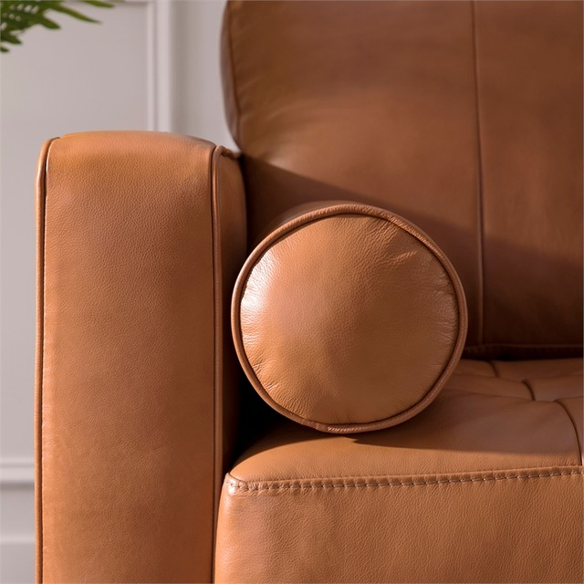 Maklaine 19.5" Mid-Century Leather Fitted Back Sofa In Brown ... within