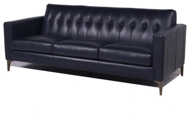 Maklaine 19" Mid-Century Leather Upholstered Tight Back Sofa In Navy ... with